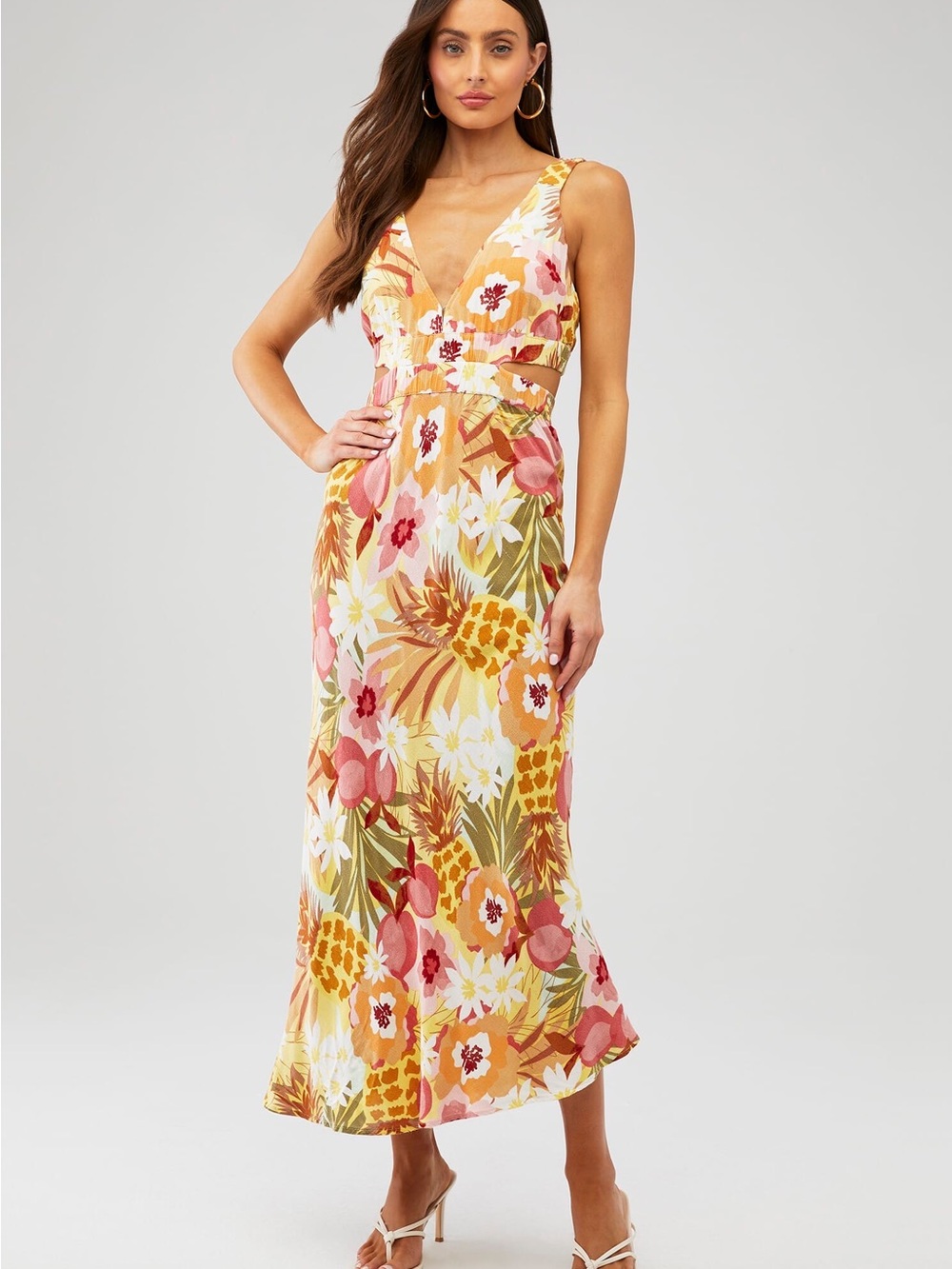 MINKPINK Tropical Floral Midi Dress in Yellow & Pink
